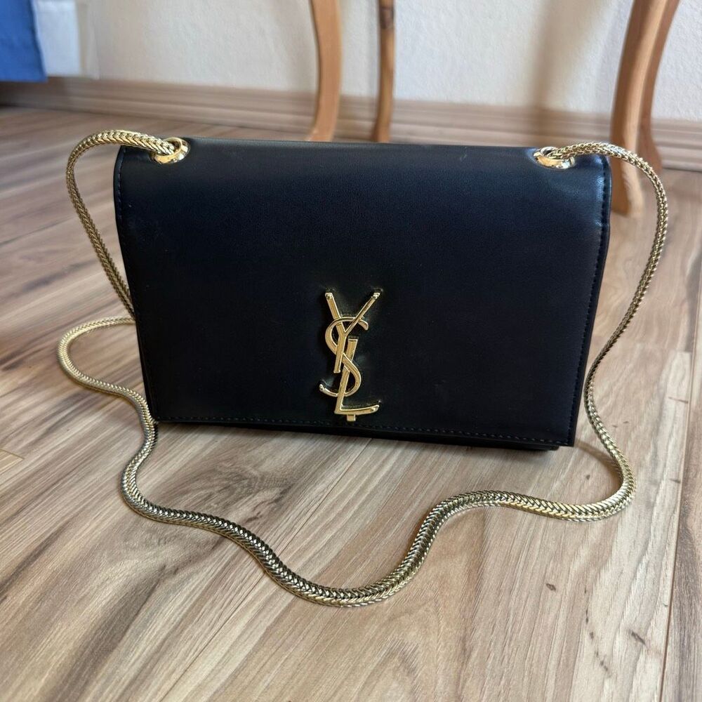 Vintage Saint Laurent YSL Womens Black Leather Gold Chain Shoulder Crossbody Bag